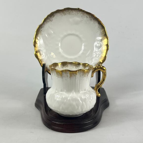 Hammersley Bone China Teacup & Saucer Set White Embossed Heavy Gold Trim England - Picture 13 of 13